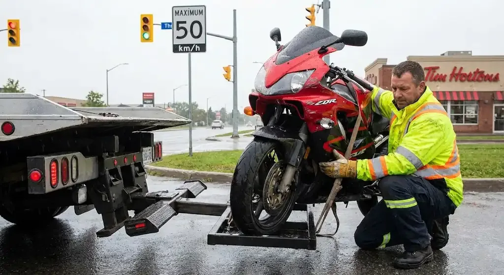 Barrie motorcycle being safely loaded for transport
