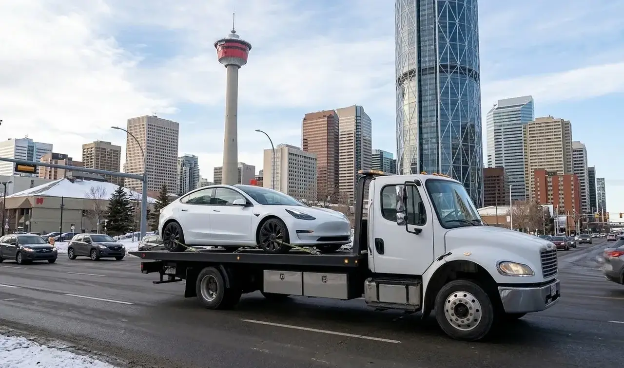 Barrie electric vehicle on flatbed transport